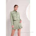 Women's Olive Green Jacket and Pleated Mini Skirt